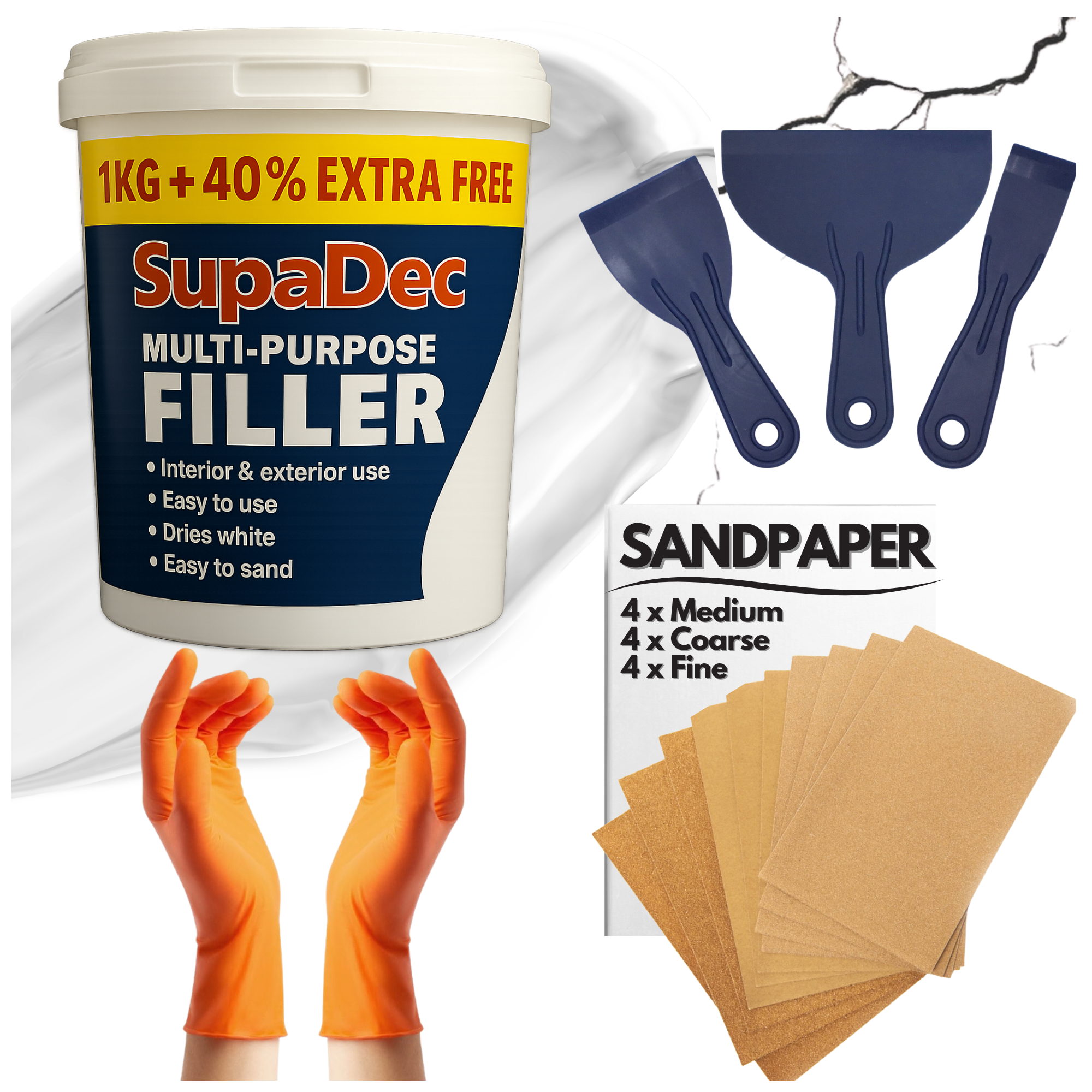 Decex Wall Repair Kit With 1.4kg Ready Mixed Filler , 12 Assorted Sand Paper, Gloves & Plastic Filling Tools