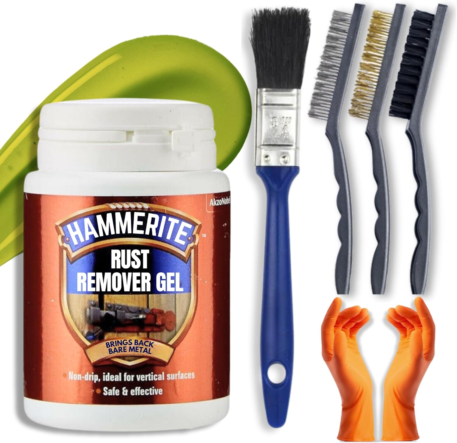 Decex Rust Remover Bundle with 100ml Hammerite Rust Remover Gel, Wire Brush Set (Nylon Steel Brass), Gloves & Paintbrush