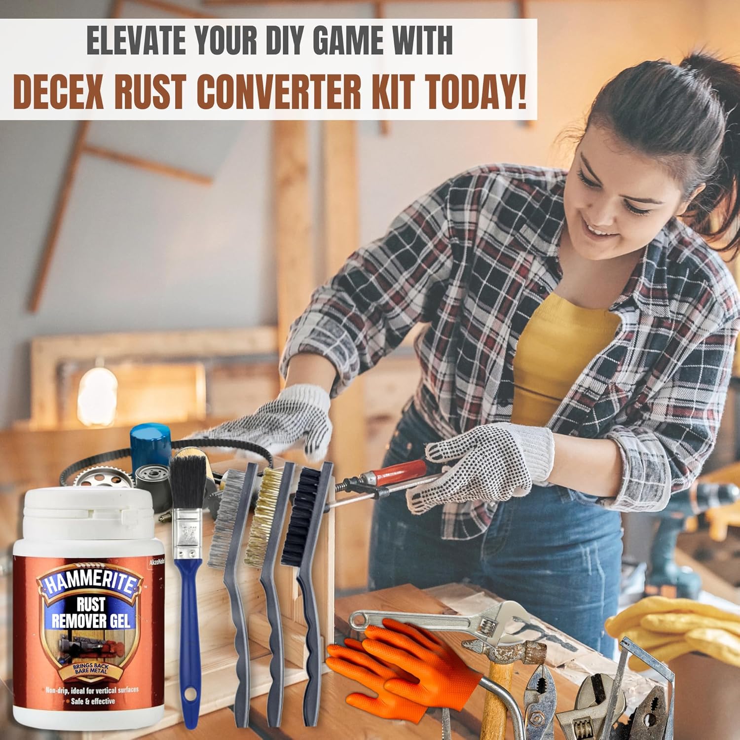 Decex Rust Remover Bundle with 100ml Hammerite Rust Remover Gel, Wire Brush Set (Nylon Steel Brass), Gloves & Paintbrush