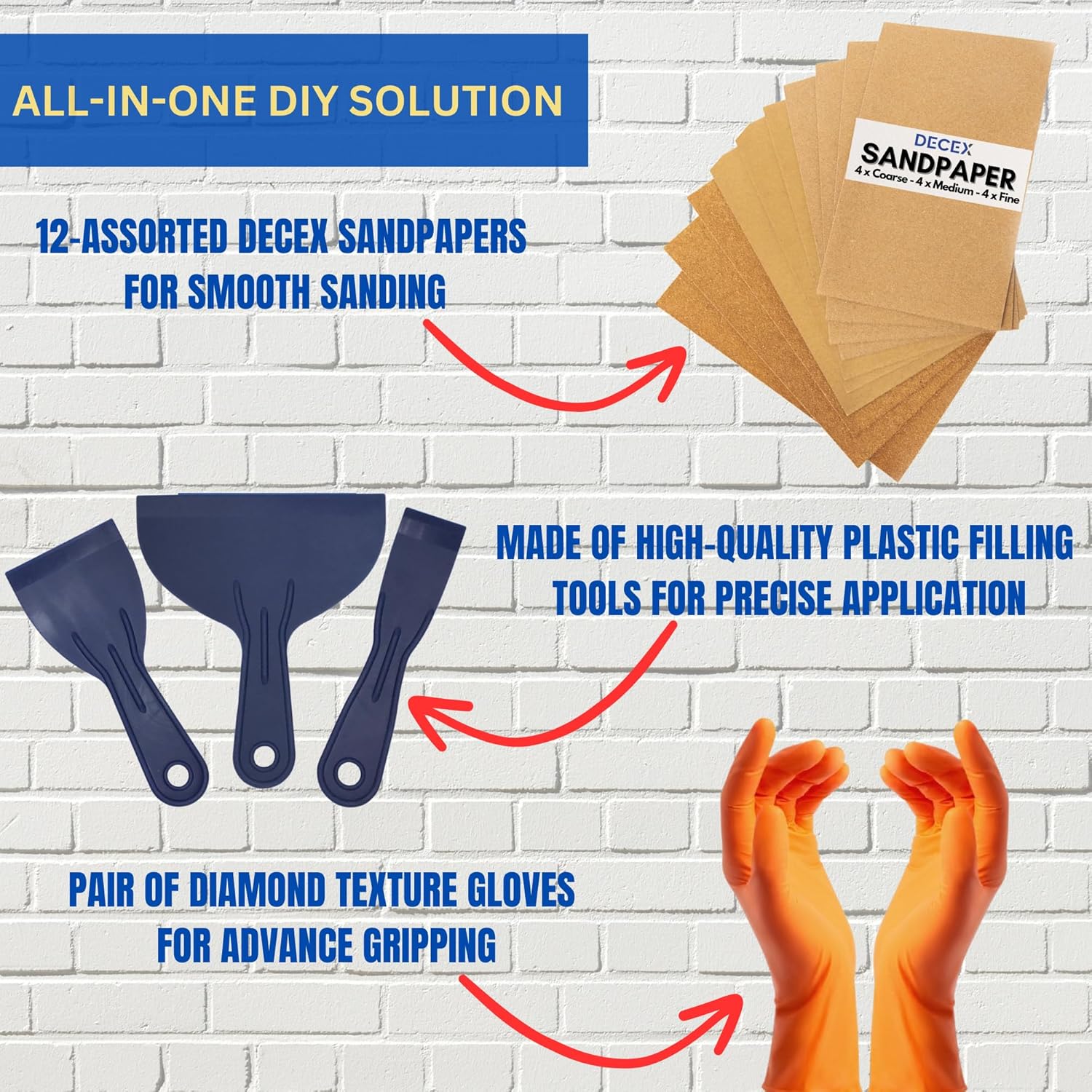 Decex Wall Repair Kit With 1.4kg Ready Mixed Filler , 12 Assorted Sand Paper, Gloves & Plastic Filling Tools
