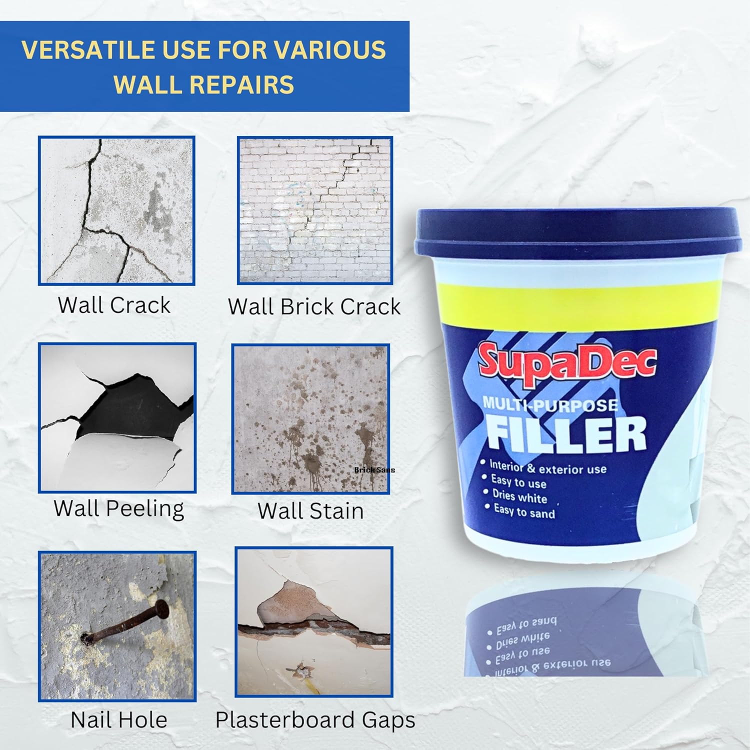 Decex Wall Repair Kit With 1.4kg Ready Mixed Filler , 12 Assorted Sand Paper, Gloves & Plastic Filling Tools