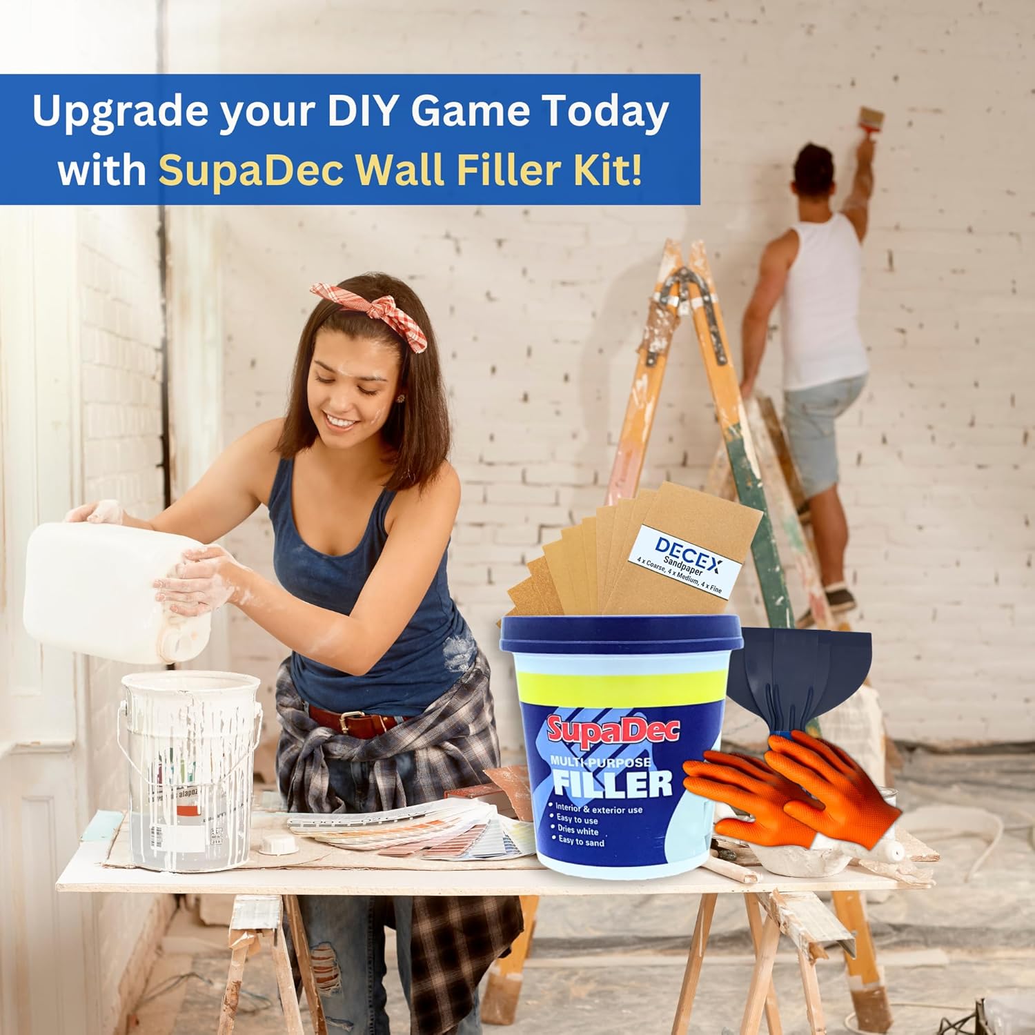 Decex Wall Repair Kit With 1.4kg Ready Mixed Filler , 12 Assorted Sand Paper, Gloves & Plastic Filling Tools