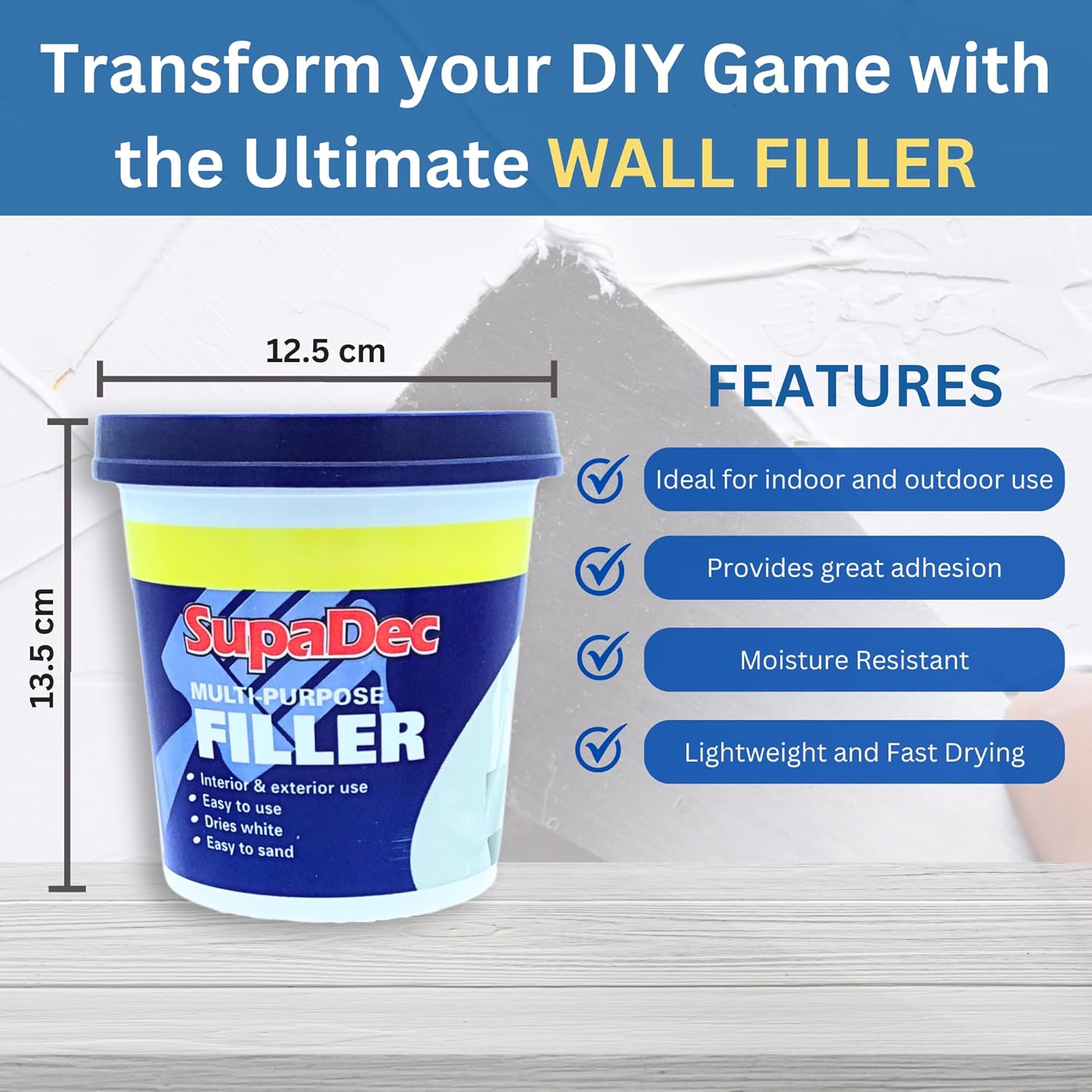 Decex Wall Repair Kit With 1.4kg Ready Mixed Filler , 12 Assorted Sand Paper, Gloves & Plastic Filling Tools